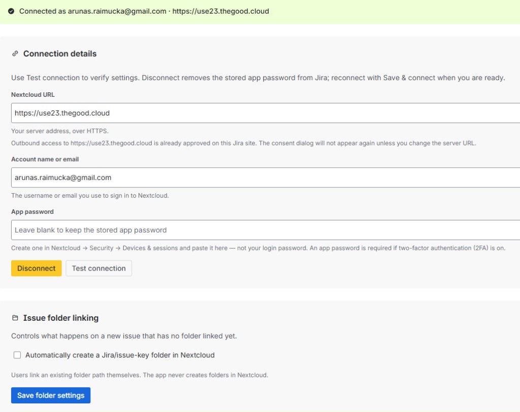 Nextcloud for Jira admin settings: Connection details with URL, account, app password, Test connection, and Connected status