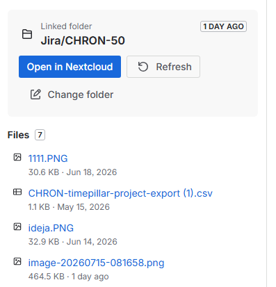 Nextcloud for Jira issue panel with Open in Nextcloud and clickable file links for Jira/CHRON-50